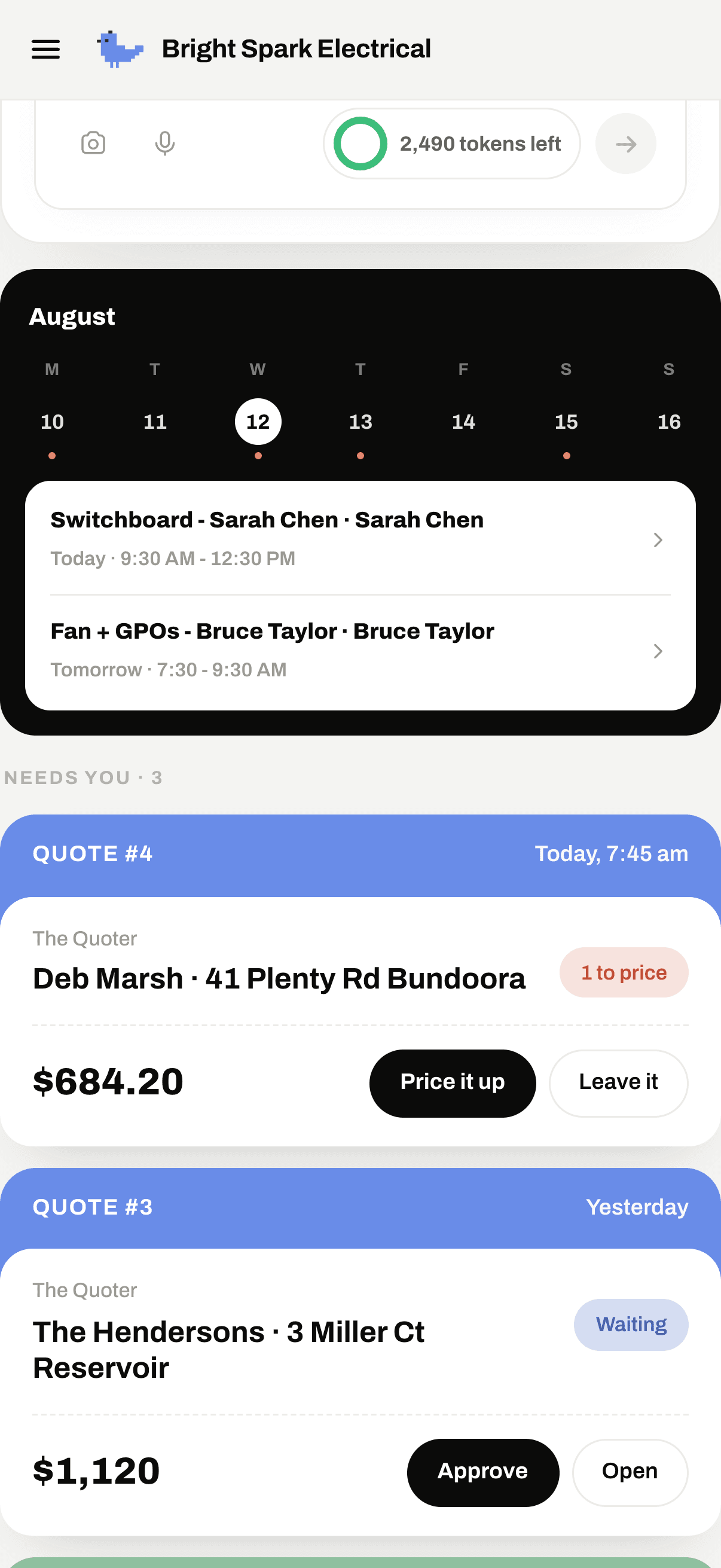 The app day sheet showing the short list of things waiting on the tradie